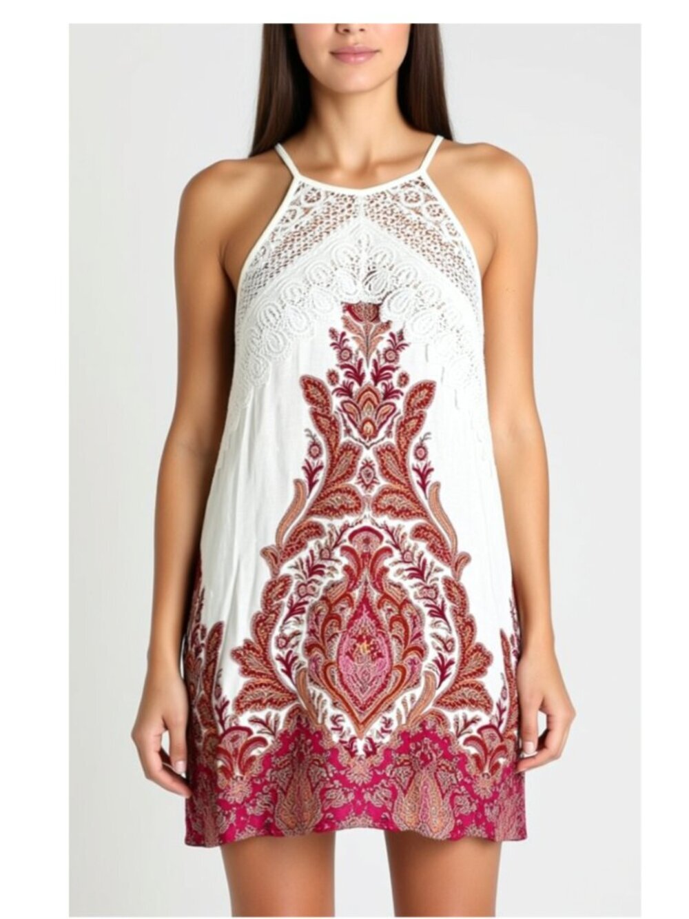 Indigo Rose Paisley Dress With Crochet Lace & Halter neckline, Size L (F19) NWT